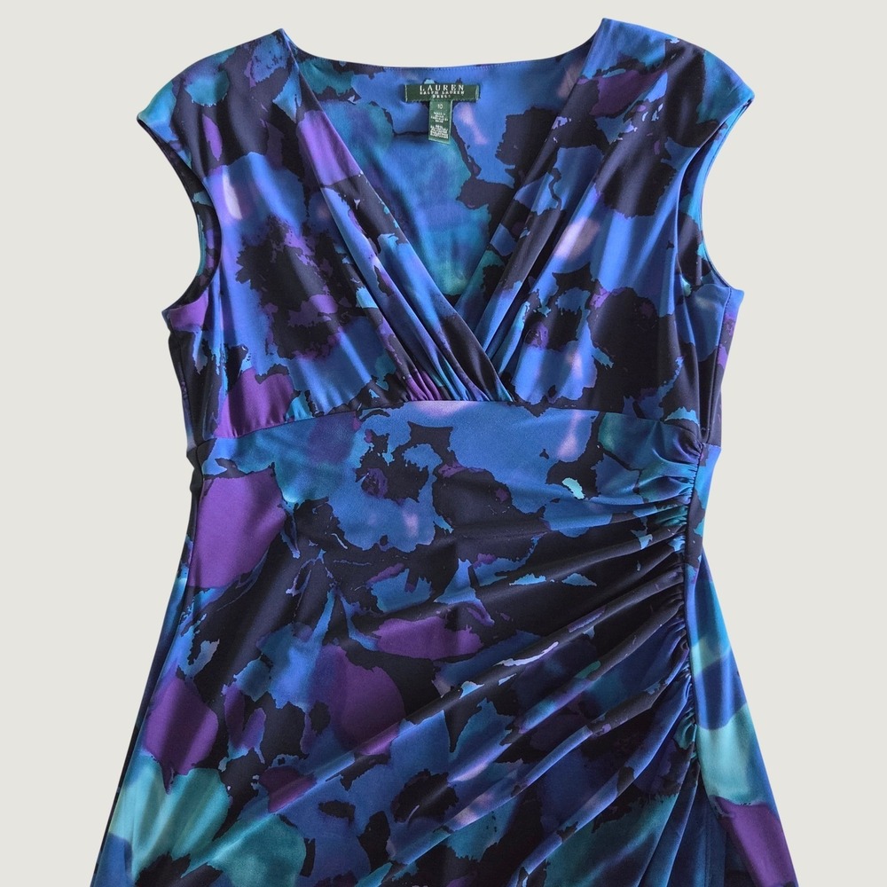 Lauren Ralph Lauren Blue Purple Abstract Floral Ruched Sheath Dress Size 10 - Picture 3 of 11